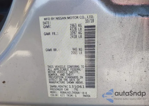 2019 Nissan Altima 2.5 Sv z USA, uszkodzony, nr VIN 1N4BL4DV7KC135061